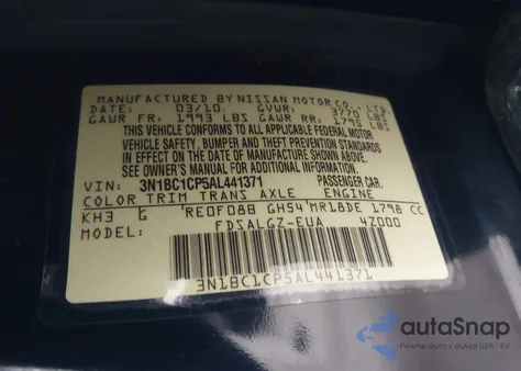 2010 Nissan Versa 1.8Sl из США, поврежденный, VIN 3N1BC1CP5AL441371